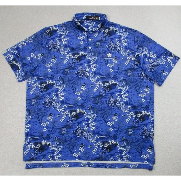 Ralph Lauren RLX Polo Shirt Mens 2XL Blue AOP Mauna‎ Kea Floral Golf Performance